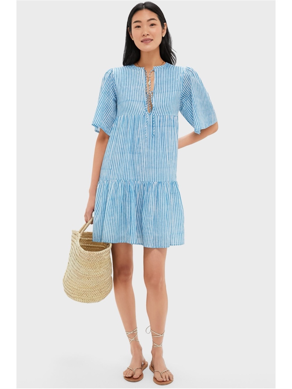 NWT Emerson Fry Love Tomas Sunday Stripe Bluesy Organic IslaTiered Bow Tie Dress